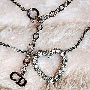 Vintage Cristian Dior Rhinestone Heart Necklace With Silver Plated Chain